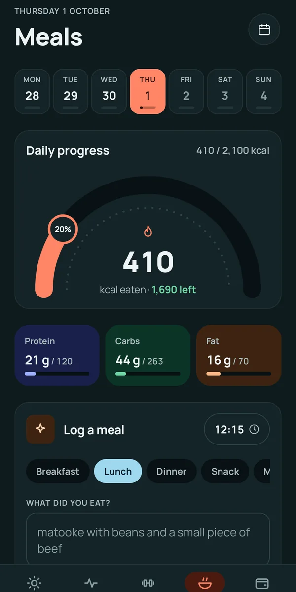 Meals: the calorie gauge and macros against their targets