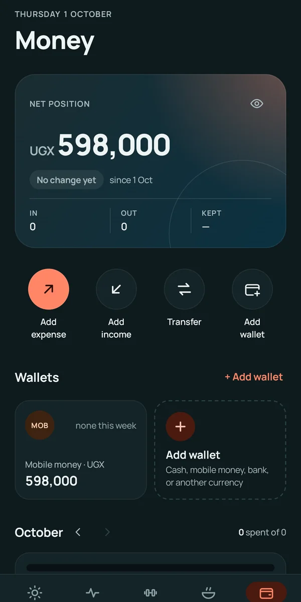 Money: net position, quick actions and wallets