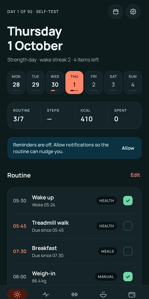 Today: the week strip, routine progress and the day's checklist