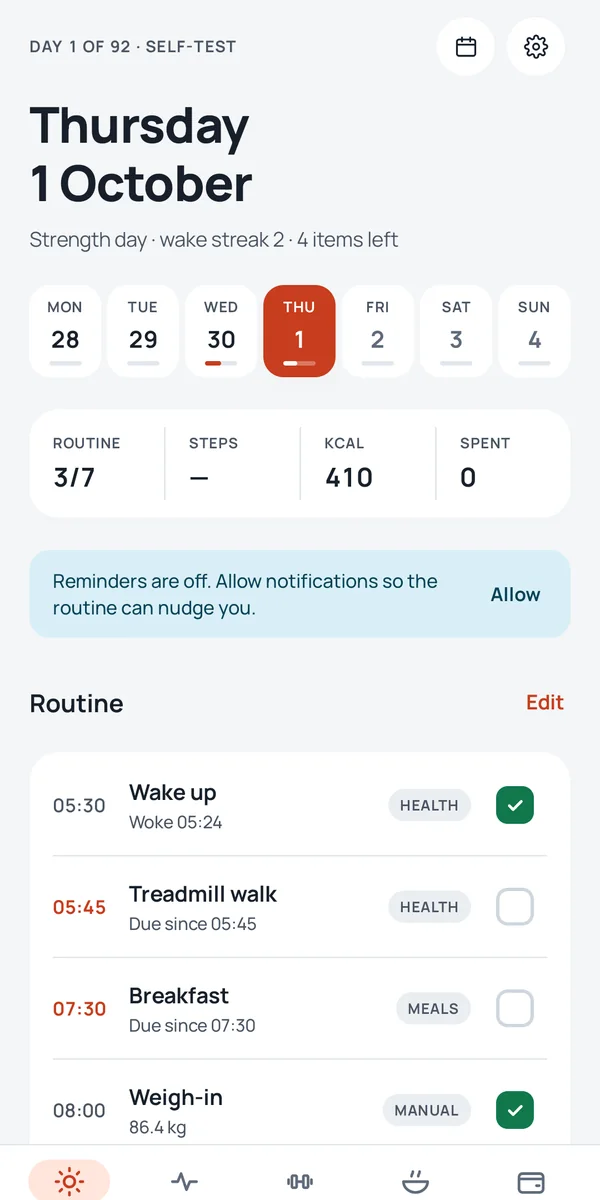 Today: the week strip, routine progress and the day's checklist